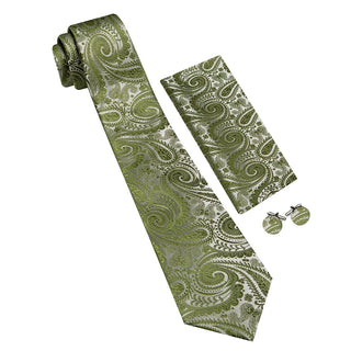 New Olive Green Paisley Silk Men's Necktie Pocket Square Cufflinks Set