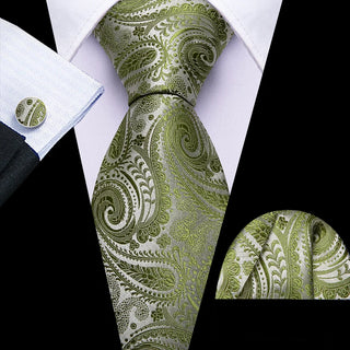 New Olive Green Paisley Silk Men's Necktie Pocket Square Cufflinks Set
