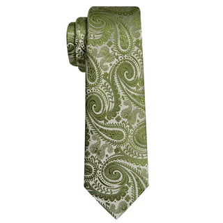 New Olive Green Paisley Silk Men's Necktie Pocket Square Cufflinks Set