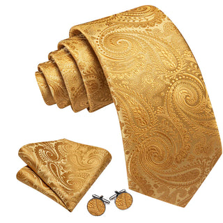 New Gold Paisley Silk Men's Necktie Pocket Square Cufflinks Set