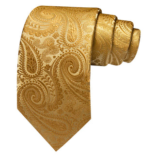 New Gold Paisley Silk Men's Necktie Pocket Square Cufflinks Set
