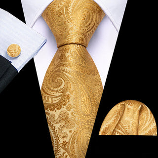 New Gold Paisley Silk Men's Necktie Pocket Square Cufflinks Set