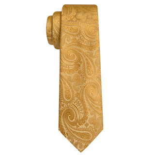 New Gold Paisley Silk Men's Necktie Pocket Square Cufflinks Set