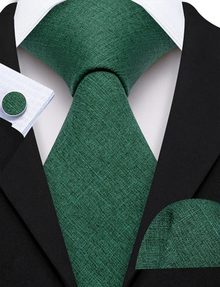 Solid Green Linen Silk Men's Necktie Pocket Square Cufflinks Set