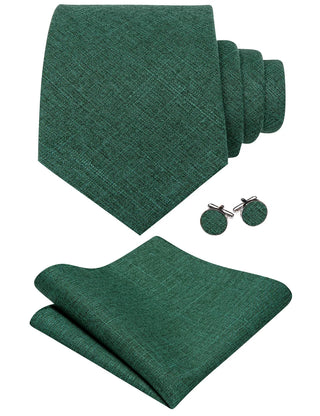 Solid Green Linen Silk Men's Necktie Pocket Square Cufflinks Set