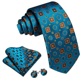 Teal Blue Orange Squares Novelty Silk Necktie Pocket Square Cufflinks Set