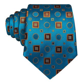 Teal Blue Orange Squares Novelty Silk Necktie Pocket Square Cufflinks Set