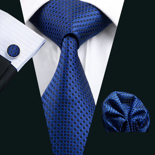 Navy Blue Geometric Silk Necktie Pocket Square Cufflinks Set