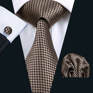Champagne Brown Plaid Silk Necktie Pocket Square Cufflinks Set