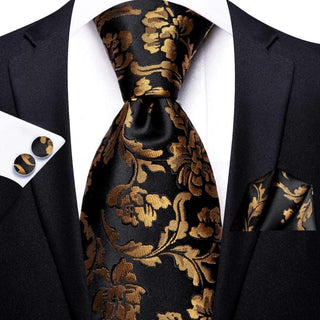 Business Floral Gold Black Silk Necktie Pocket Square Cufflinks Set