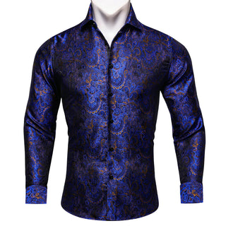 Blue Golden Floral Silk Long Sleeve Shirt