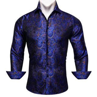 Blue Golden Floral Silk Long Sleeve Shirt