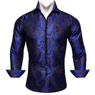 New Blue Golden Floral Long Sleeve Shirt with Collar Pin