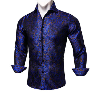 Blue Golden Floral Silk Long Sleeve Shirt