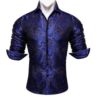 Blue Golden Floral Silk Long Sleeve Shirt