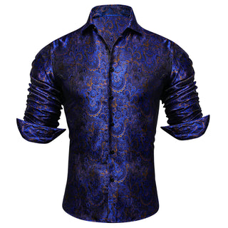 Blue Golden Floral Silk Long Sleeve Shirt