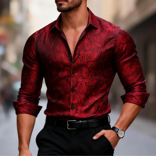 New Burgundy Paisley Silk Long Sleeve Shirt