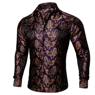 Deep Purple Jacquard Paisley Silk Long Sleeve Shirt