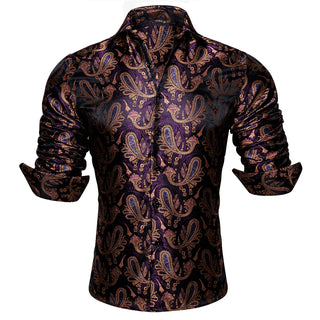 Deep Purple Jacquard Paisley Silk Long Sleeve Shirt