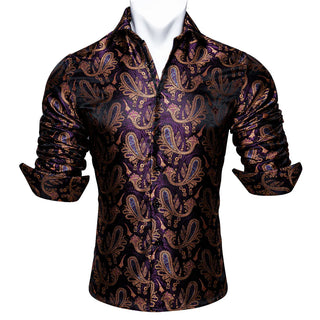 Deep Purple Jacquard Paisley Silk Long Sleeve Shirt