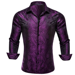 Purple Paisley Jacquard Long Sleeve Silk Long Sleeve Shirt
