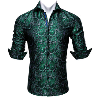 Green Paisley Silk Long Sleeve Shirt