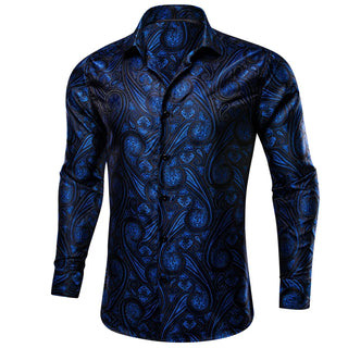 Black Navy Blue Paisley Long Sleeve Silk Long Sleeve Shirt