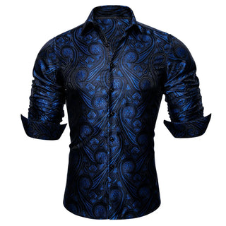 Black Navy Blue Paisley Long Sleeve Silk Long Sleeve Shirt