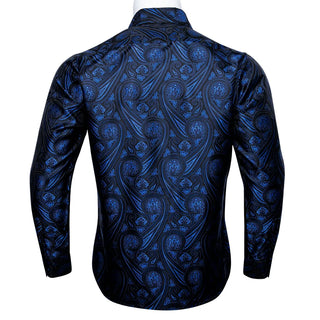 Black Navy Blue Paisley Long Sleeve Silk Long Sleeve Shirt