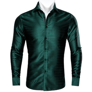 Solid Green Silk Long Sleeve Shirt with Collar Pin