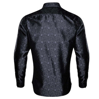 Black Grey Paisley Long Sleeve Shirt with Collar Pin