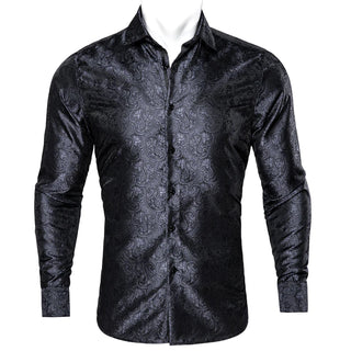Black Grey Paisley Long Sleeve Shirt with Collar Pin