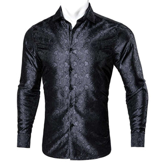 Black Grey Paisley Long Sleeve Shirt with Collar Pin