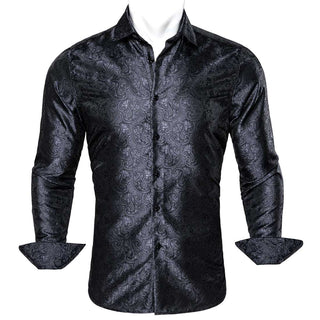 Black Grey Paisley Long Sleeve Shirt with Collar Pin