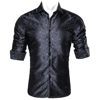 Black Grey Paisley Long Sleeve Shirt with Collar Pin