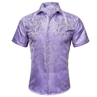 Lavender Purple Paisley Silk Short Sleeve Shirt