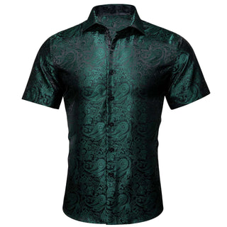 Black Green Paisley Silk Short Sleeve Shirt
