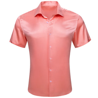 Solid Pink Satin Silk Short Sleeve Shirt