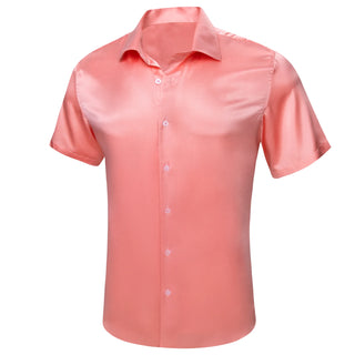 Solid Pink Satin Silk Short Sleeve Shirt