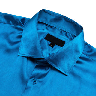 Solid Blue Satin Silk Short Sleeve Shirt