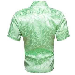Light Green Floral Leaf Silk Short Sleeve Shirt