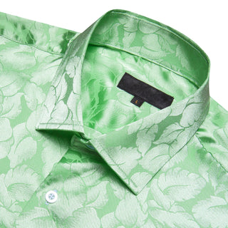 Light Green Floral Leaf Silk Short Sleeve Shirt