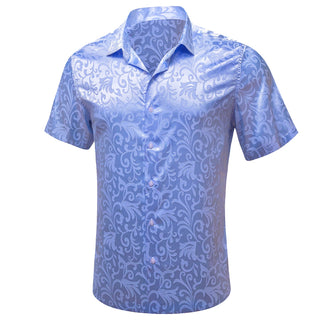 New Blue Floral Silk Short Sleeve Shirt