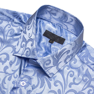 New Blue Floral Silk Short Sleeve Shirt