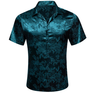New Dark Green Floral Silk Short Sleeve Shirt