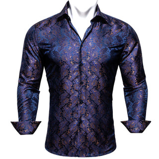 New Blue Gold Floral Silk Long Sleeve Shirt