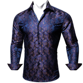 New Blue Gold Floral Silk Long Sleeve Shirt