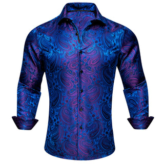 New Blue Purple Paisley Silk Long Sleeve Shirt