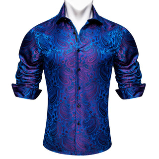 New Blue Purple Paisley Silk Long Sleeve Shirt