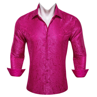 Pink Rose Red Paisley Silk Long Sleeve Shirt